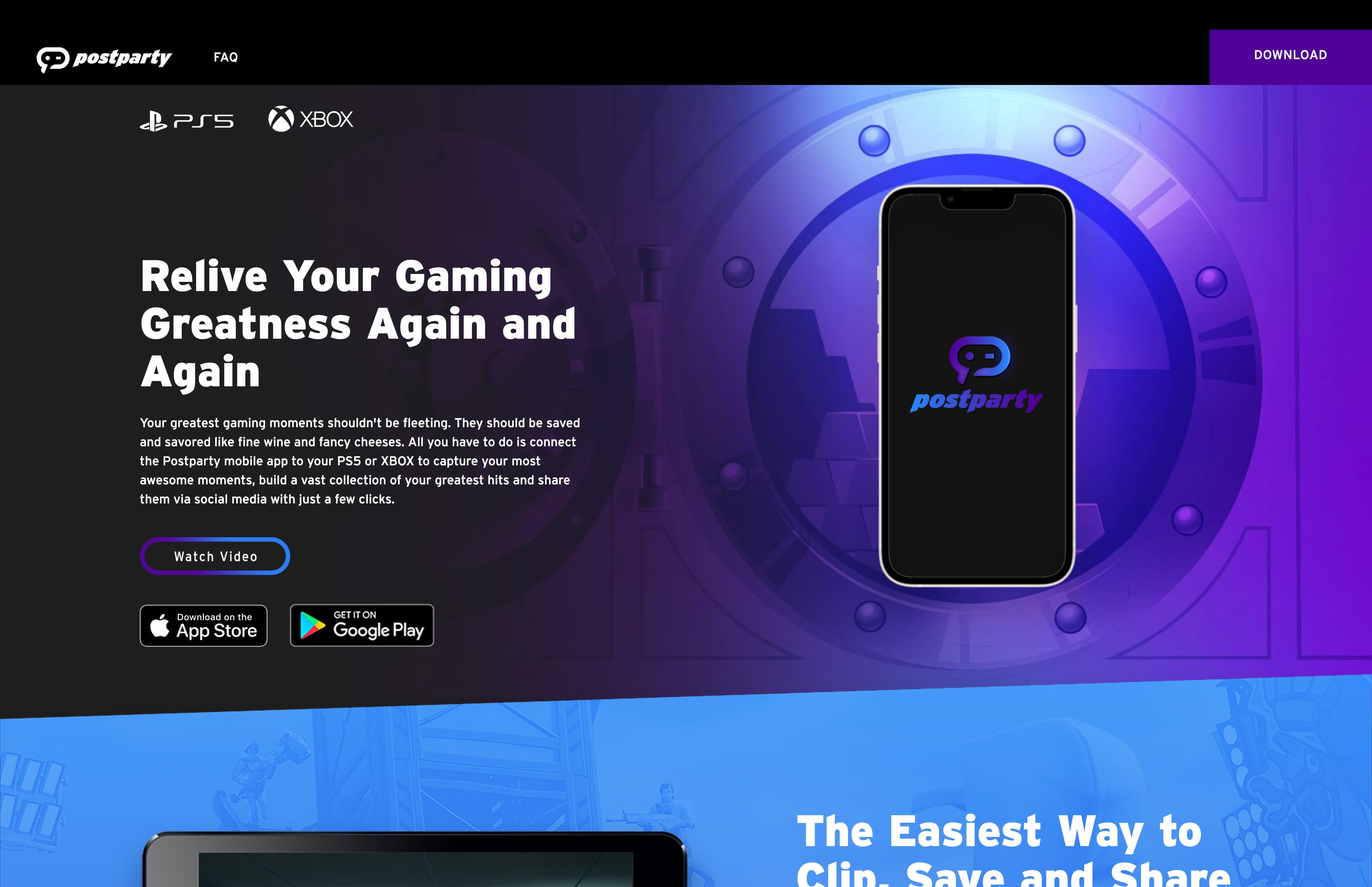 Epic’s Postparty promotion home page with the headline Relive Your Gaming Greatness Again and Again beside a phone in a vault door.