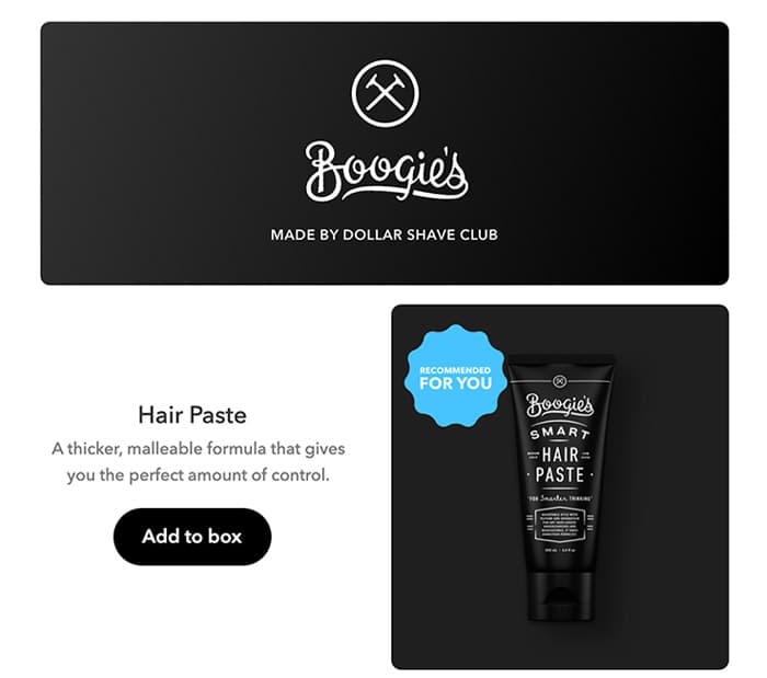 Boogie’s responsive HTML email module for Hair Paste with an Add to box button.