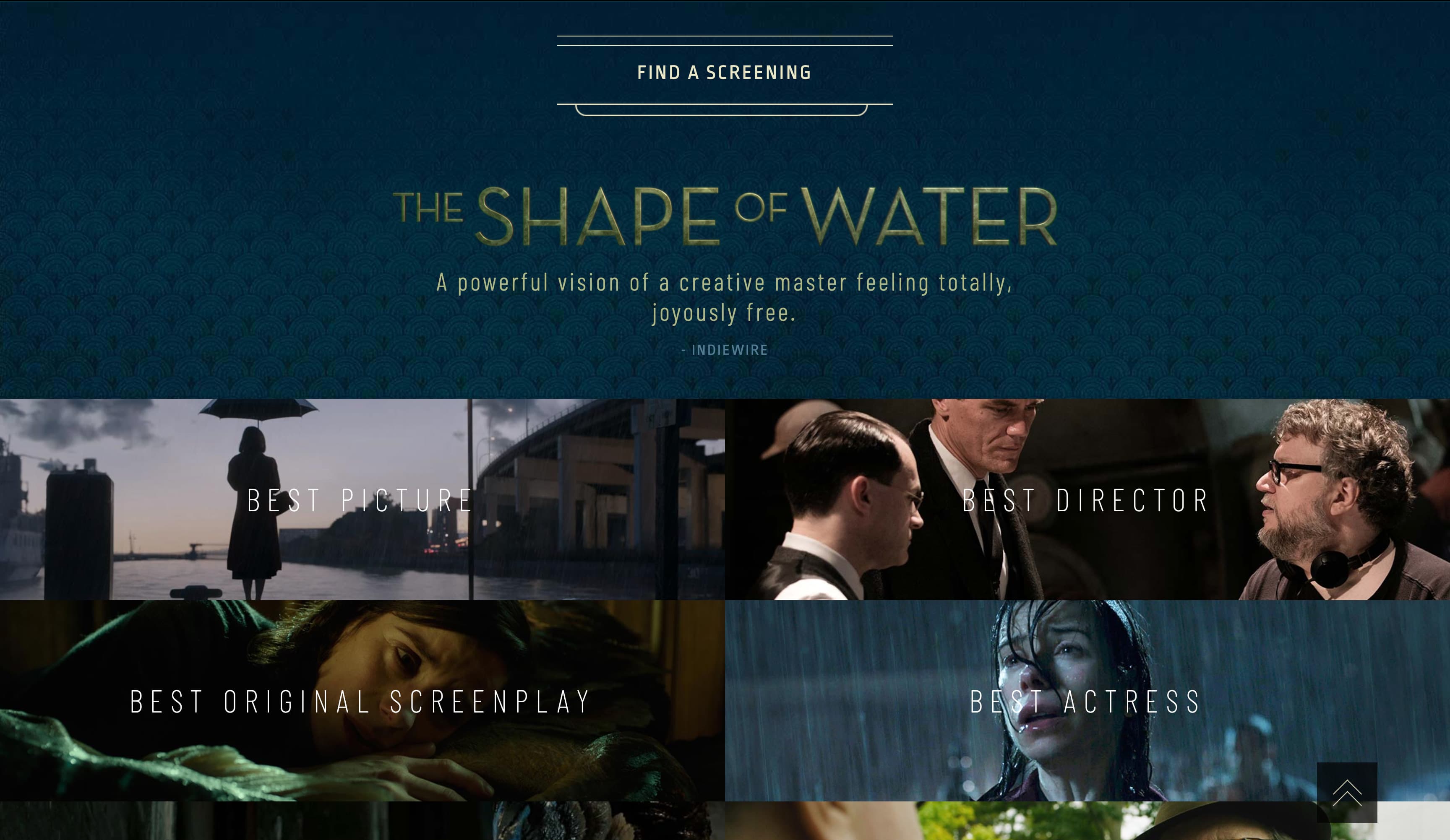 The Shape of Water campaign site section with a critic quote and a grid of award categories.