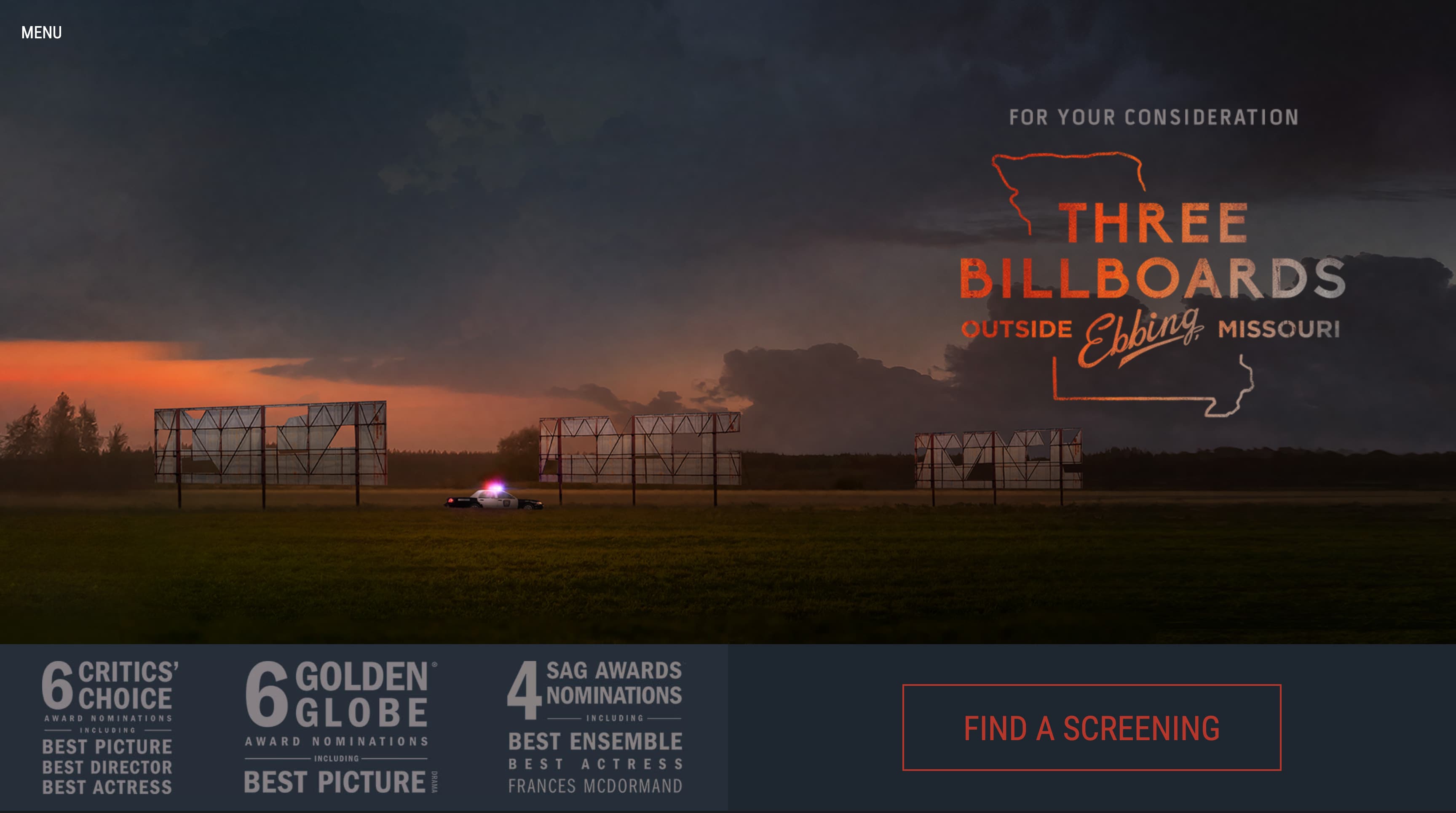 Three Billboards Outside Ebbing, Missouri campaign site hero with three billboards at dusk and award nominations.