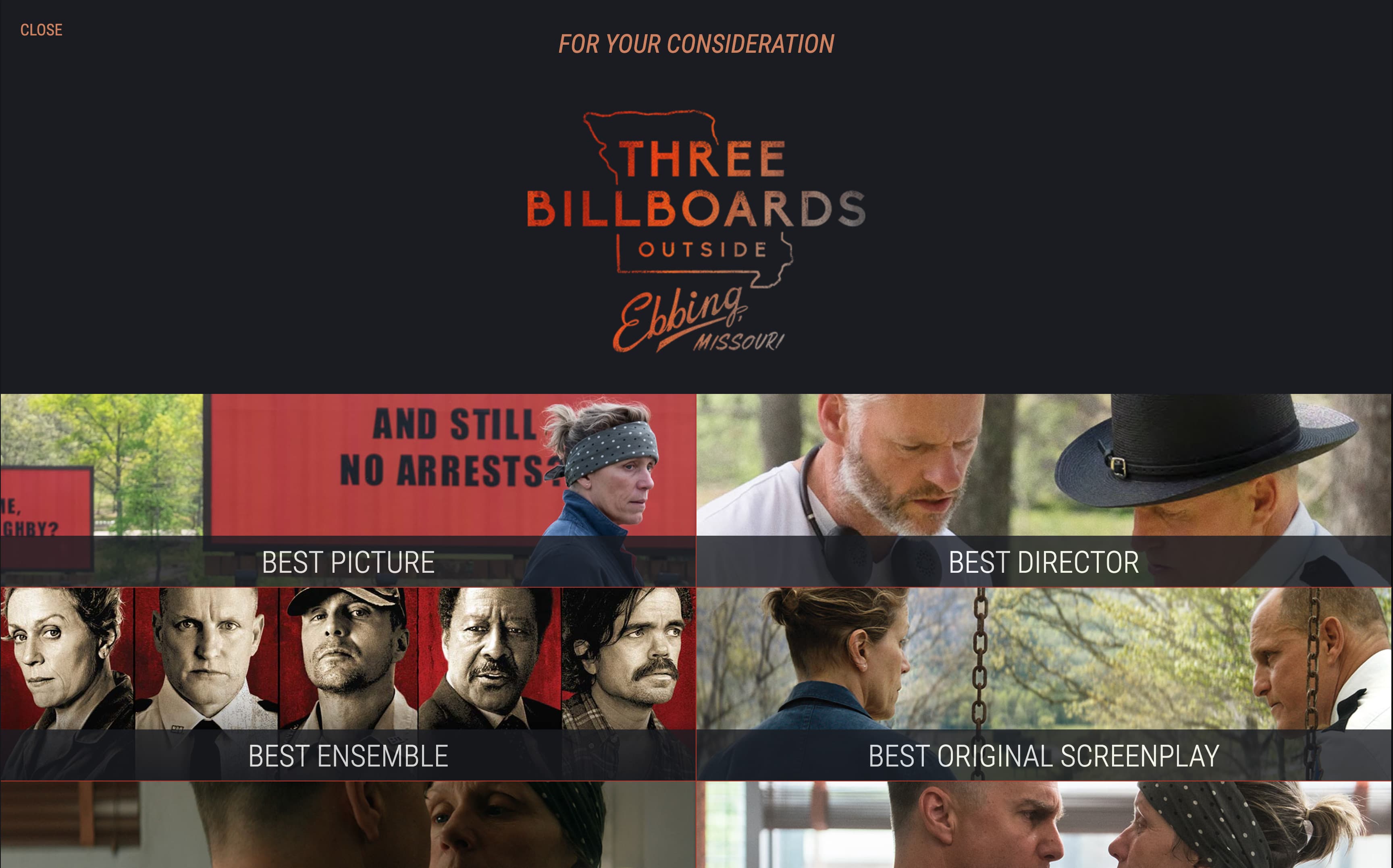 Three Billboards campaign site section with the film logo and a grid of award categories.